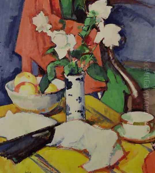 A Vase of Pink Roses Oil Painting by Samuel John Peploe