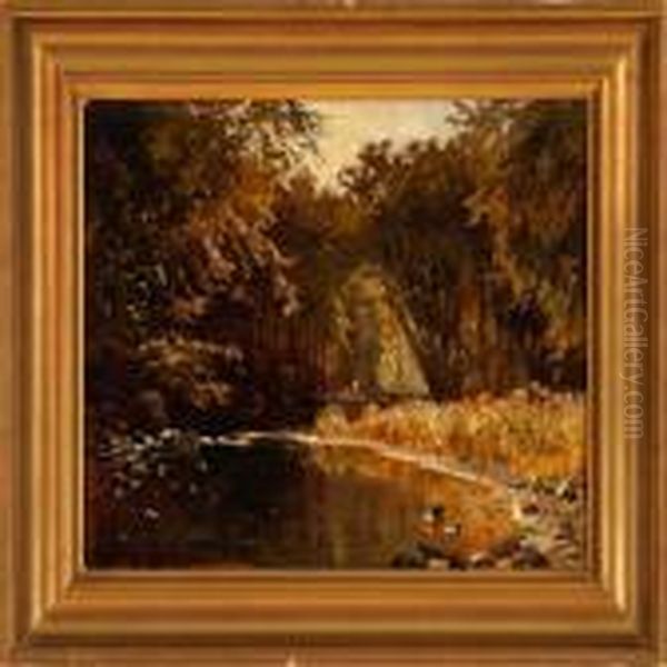 Stream In An Autumn Forest Oil Painting by Olaf Viggo Peter Langer