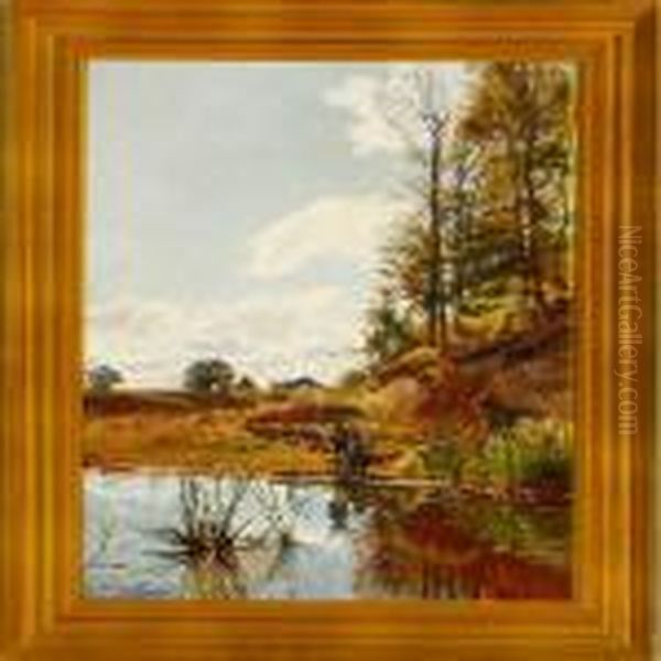 A Summer Landscape With Two Boys At A Lake Oil Painting by Olaf Viggo Peter Langer