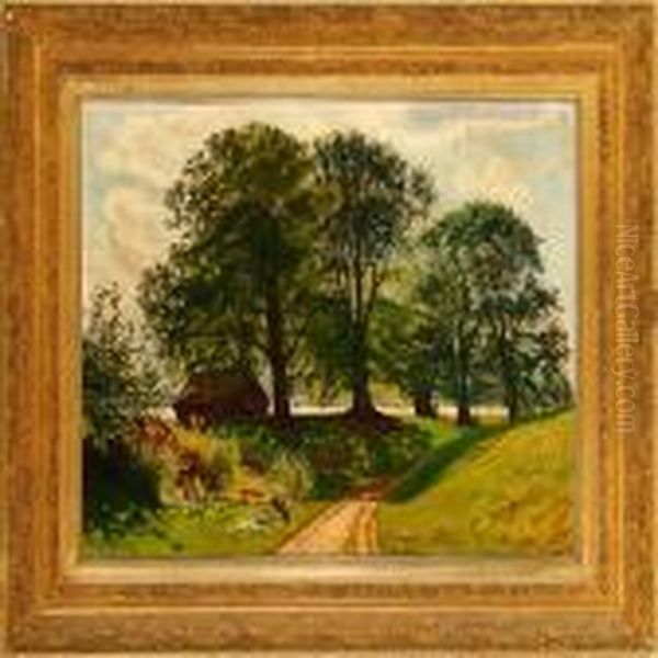 Summer Morning At Acountry Road Oil Painting by Olaf Viggo Peter Langer