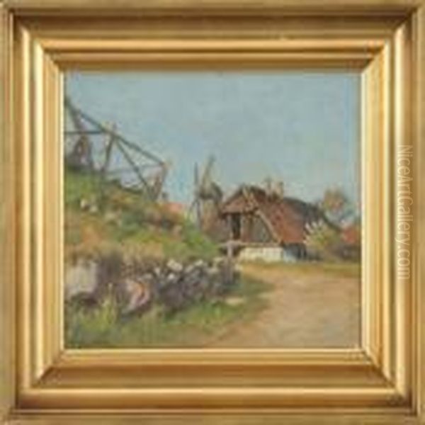 Landscape With Houses Andmill Oil Painting by Olaf Viggo Peter Langer