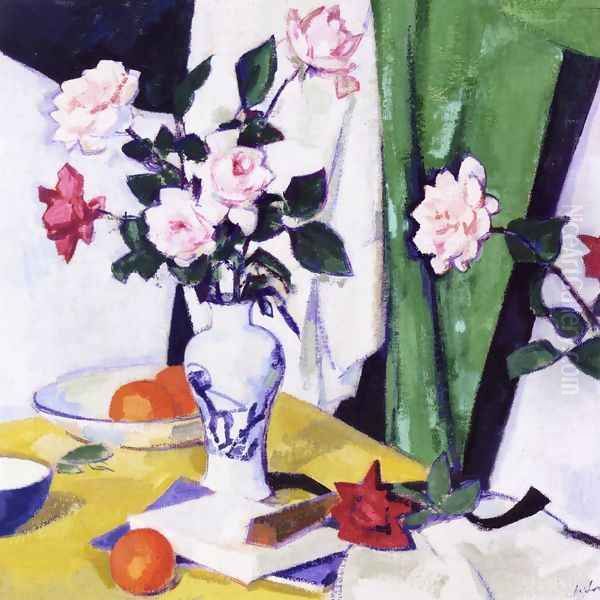 Still LIfe with Pink and Red Roses in a Chinese Vase Oil Painting by Samuel John Peploe