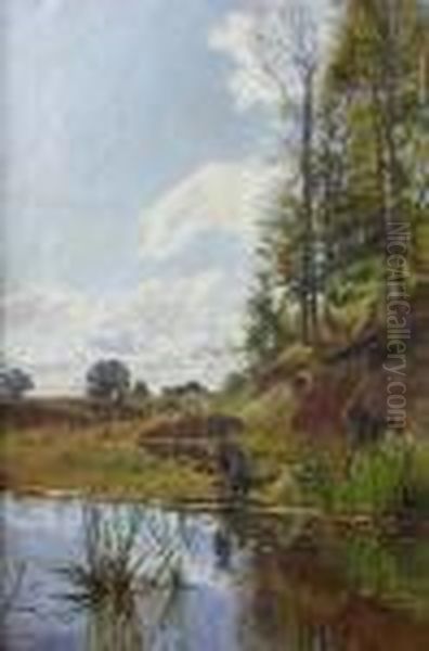 Au Bord De L'etang Oil Painting by Olaf Viggo Peter Langer