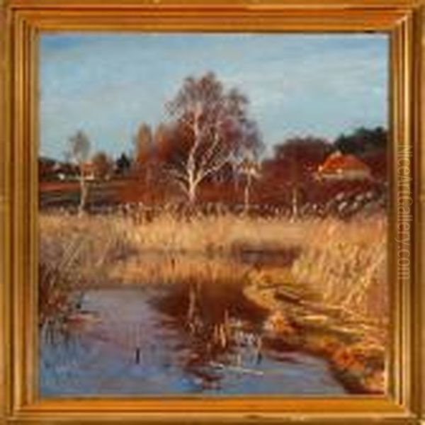 A Danish Autumnlandscape Oil Painting by Olaf Viggo Peter Langer