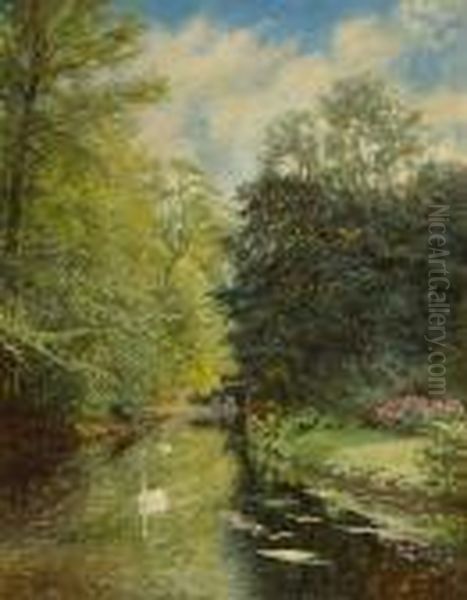 A Tranquil River Landscape With Two Swans On The Water Oil Painting by Olaf Viggo Peter Langer