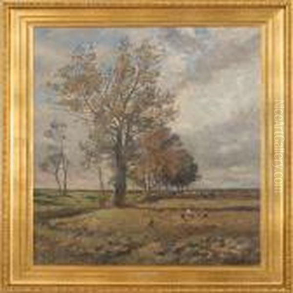 Fall Landscape With People On The Field. Signed Viggo Langer 12 Oil Painting by Olaf Viggo Peter Langer