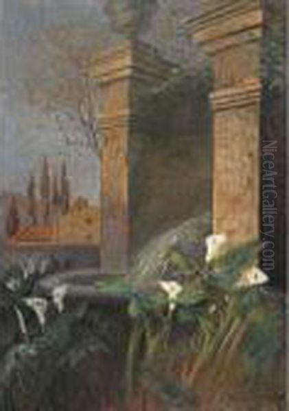 Calla Lilies By A Fountain In A Courtyard Oil Painting by Olaf Viggo Peter Langer