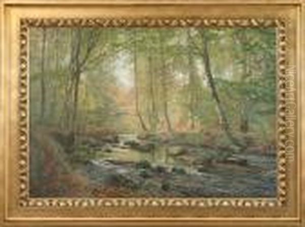 Danish Summer Forest With River Oil Painting by Olaf Viggo Peter Langer