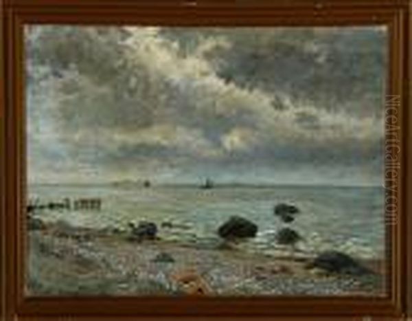 Coastal Scenery With Ships At Dust Oil Painting by Olaf Viggo Peter Langer