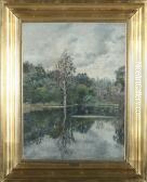 Landscape By A Forrest Lake. Signed Viggo Langer 1899 Oil Painting by Olaf Viggo Peter Langer