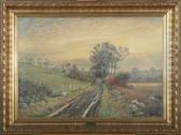 Landscape With A Sunken Road. Signed Viggo Langer Oil Painting by Olaf Viggo Peter Langer