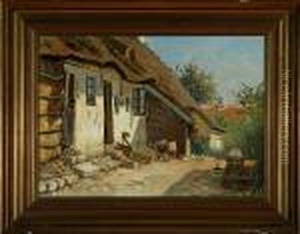 Poultry On A Yard Oil Painting by Olaf Viggo Peter Langer