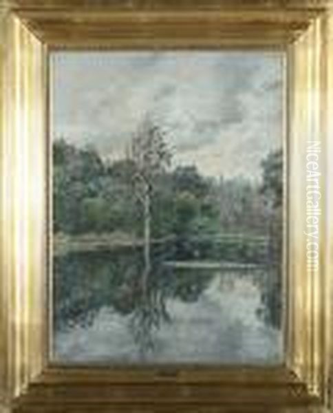 Landscape By A Forrest Lake Oil Painting by Olaf Viggo Peter Langer