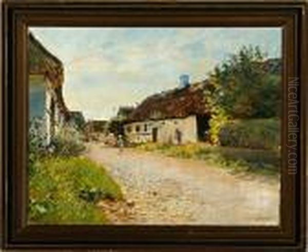 Danish Village Street With Playing Children Oil Painting by Olaf Viggo Peter Langer