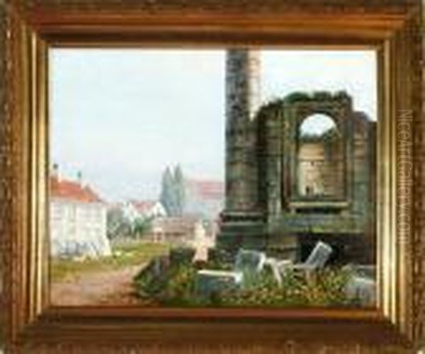 A Danish Street Scenery From Copenhagen With Ruins Of The Marble Cathedral Oil Painting by Olaf Viggo Peter Langer