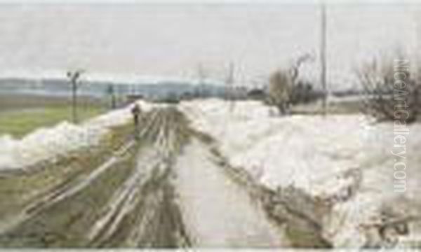 Figure On A Snowy Lane Oil Painting by Olaf Viggo Peter Langer