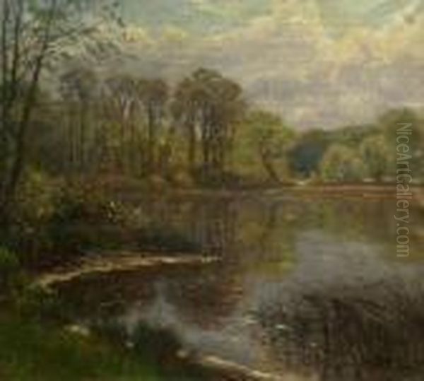 Landscape With Pond Oil Painting by Olaf Viggo Peter Langer