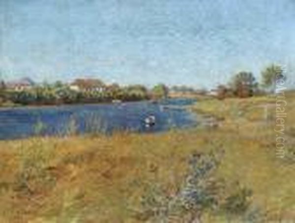 A Summer River Landscape Oil Painting by Olaf Viggo Peter Langer