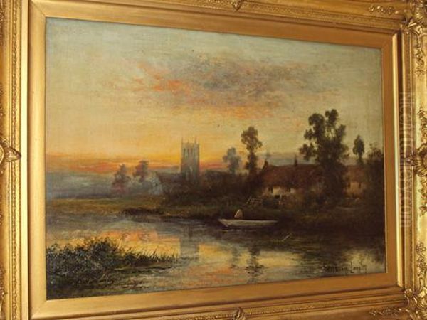 River Landscape At Dusk With Man In A Punt Before A Cottage And Church Oil Painting by William Langley