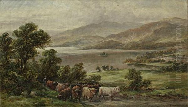 A Drover With Highland Cattle In Front Of A Loch; Highland Cattle In A Loch Oil Painting by William Langley