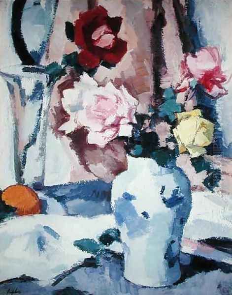 Roses in a Blue and White Vase Oil Painting by Samuel John Peploe