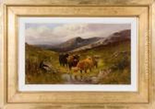 Landscape With Cattle At Water Trough With Mountains In Background Oil Painting by William Langley