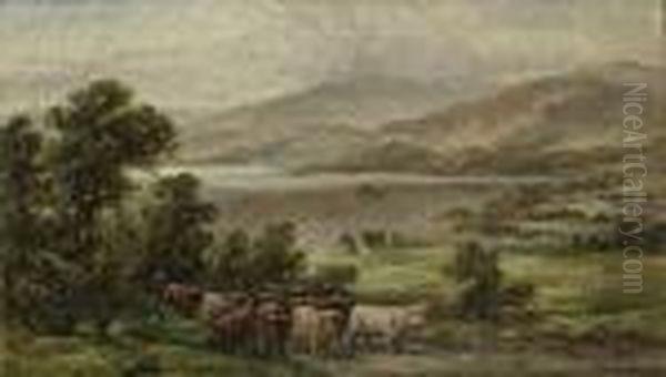 A Drover With Highland Cattle In Front Of A Loch Oil Painting by William Langley