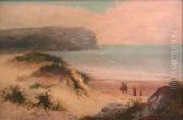 Coastal Scene With Figures Walking Amongdunes Oil Painting by William Langley