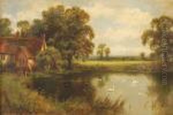 Swanson A Pond By A Cottage Oil Painting by William Langley