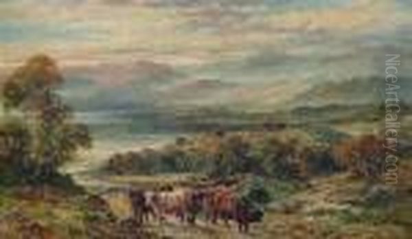 Highland Cattlecrossing A Bridge. Oil Painting by William Langley