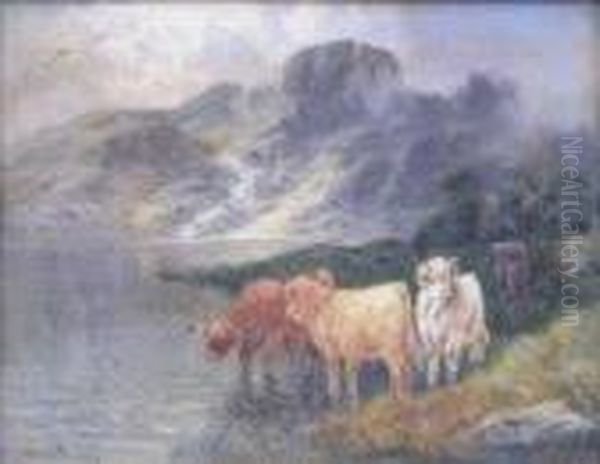 Highland Cattle At A Loch Oil Painting by William Langley