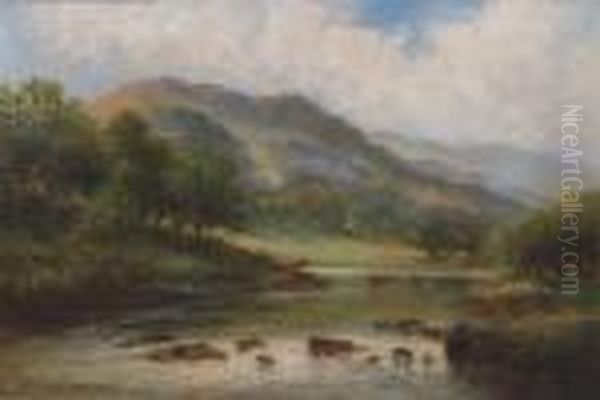 River Landscape With Cattle Watering Oil Painting by William Langley