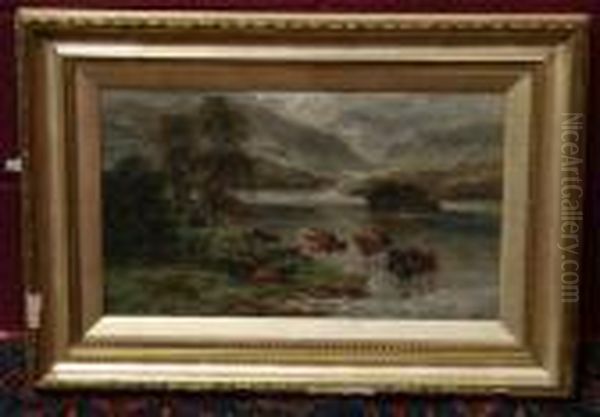 Highland Cattle Watering Beside A Loch Oil Painting by William Langley