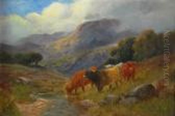 Highland Cattle Watering In A Mountain Stream Oil Painting by William Langley