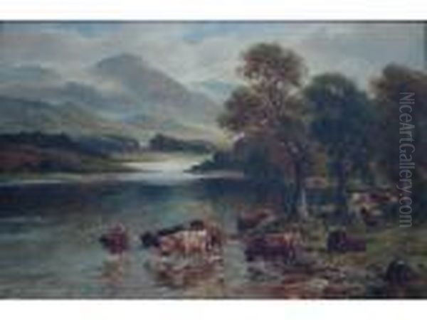 Highland Cattle In A River Oil Painting by William Langley