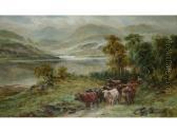 Tending Highland Cattle By A Loch; Highland Cattle Watering Oil Painting by William Langley