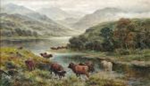 Highlandcattle Watering By A Loch With Mountainous Landscape Beyond Oil Painting by William Langley