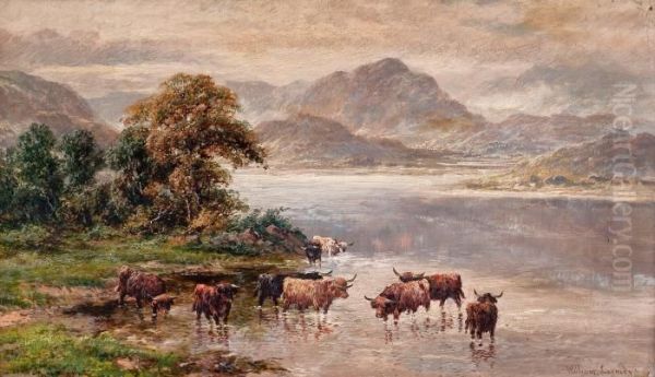 Cows Drinking Oil Painting by William Langley