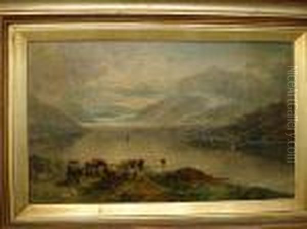 Highland Cattle By The Loch Oil Painting by William Langley