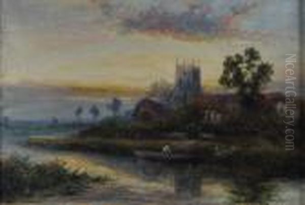 River Landscape At Sunset With A Figure In Boat Toforeground Oil Painting by William Langley