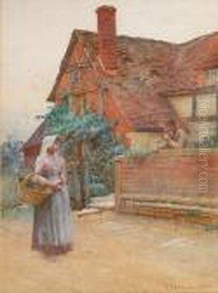 Off To Market, A Maiden Before A Timberedcottage Oil Painting by William Langley