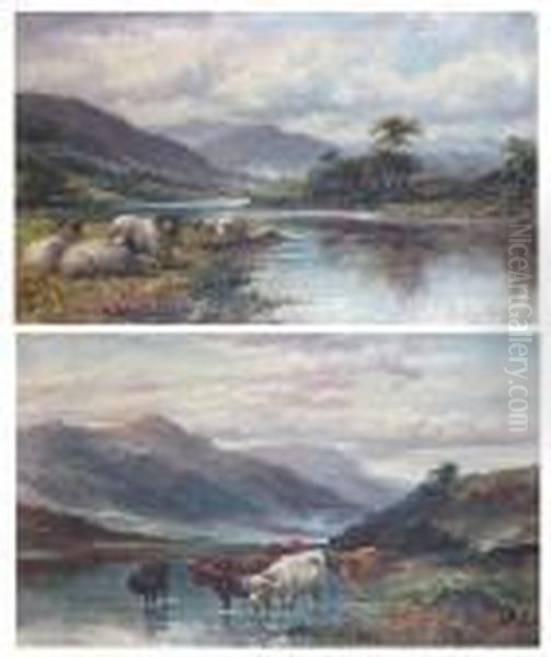 Highland Cattle Watering At The Riverside Oil Painting by William Langley