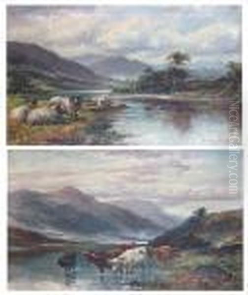 Highland Cattle Watering At The 
Riverside,together With Another Of Sheep At The Waters Edge Oil Painting by William Langley