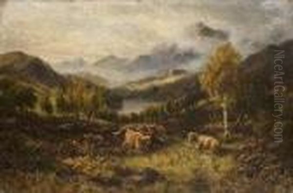 Cattle In Highland Landscapes Oil Painting by William Langley