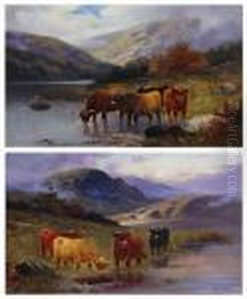 Highland Cattle By A Loch; Cattle By A Loch Atsunrise Oil Painting by William Langley