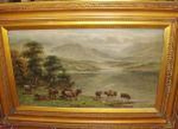 Highland Cattle Watering At A Loch Oil Painting by William Langley