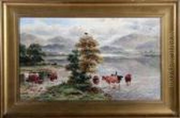 Highland Cattle At A Loch Shore Oil Painting by William Langley