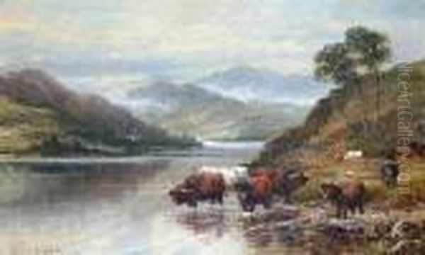 Highland Cattle Watering By A Loch Side Oil Painting by William Langley