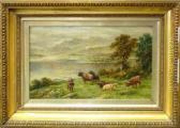 Highland Cattle By A Loch Oil Painting by William Langley