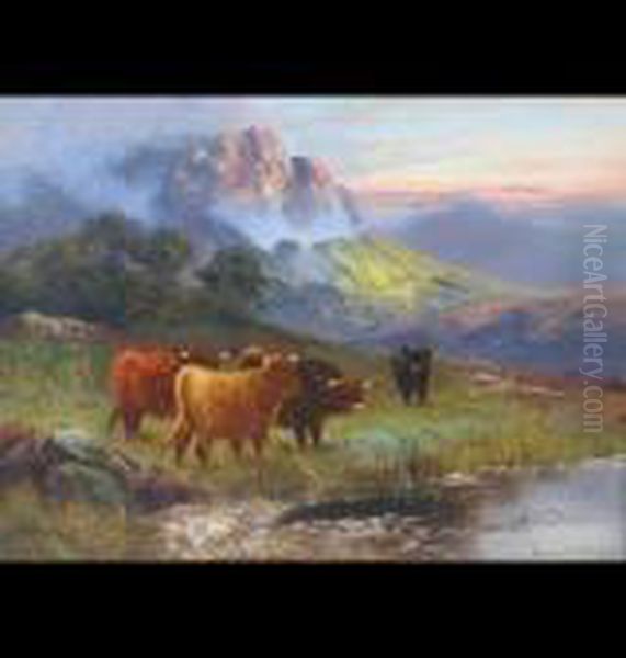 Highland Cattle Watering, Mountains In The Distance Oil Painting by William Langley